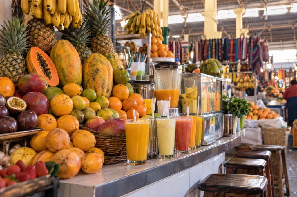 Puesto de jugos de frutas frescas en el Mercado de San Pedro de Cusco