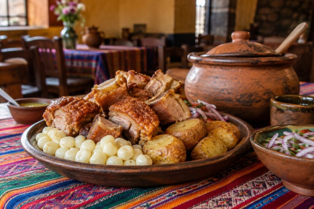 Mesa con platos tradicionales cusqueños servidos en una picantería local
