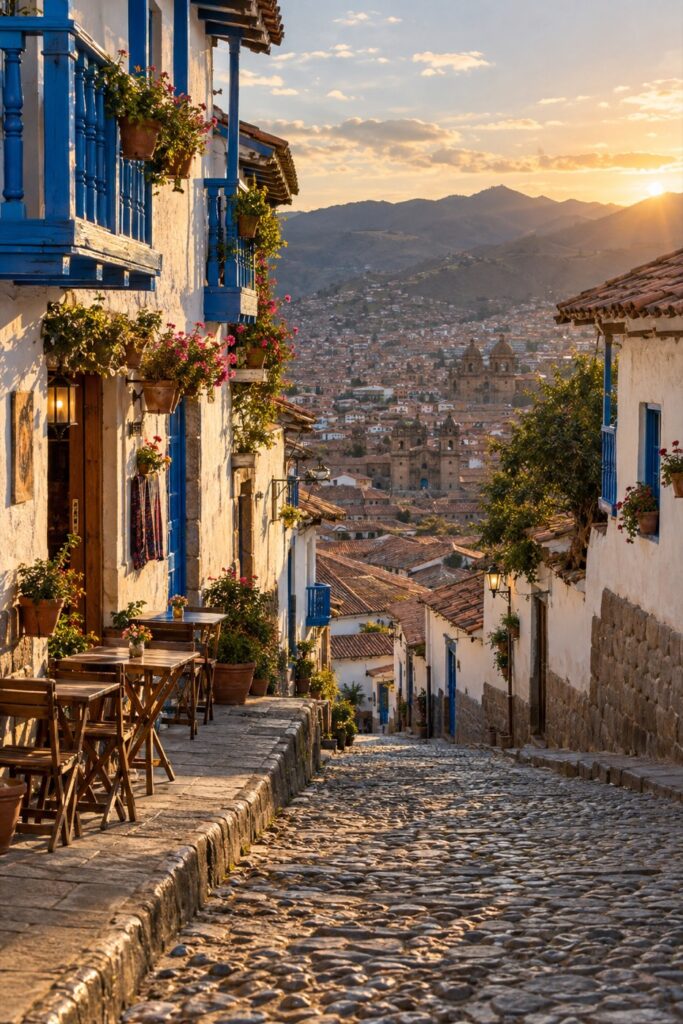 Calle empedrada del barrio de San Blas en Cusco con cafés y vista a la ciudad
